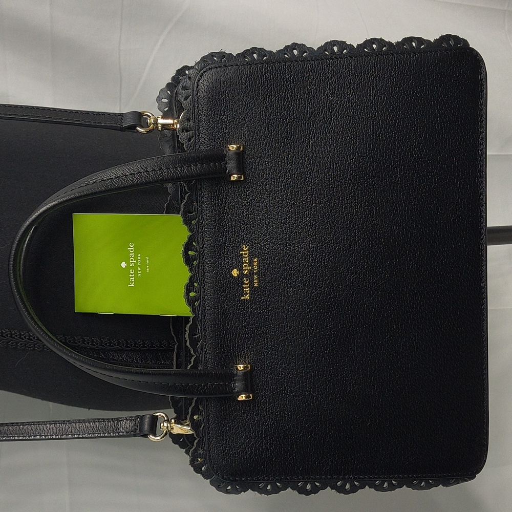 Kate Spade Fordham Court Marielle black leather satchel with lace cutout trim - Picture 1 of 16